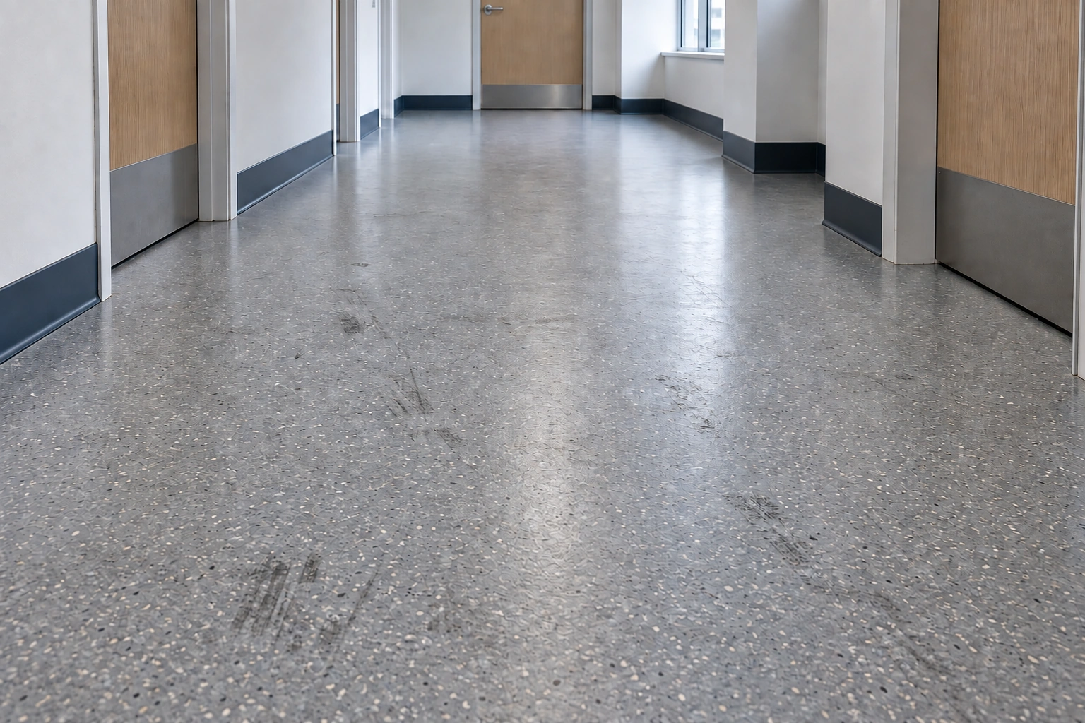 AI illustration: scuffed, cloudy vinyl flooring