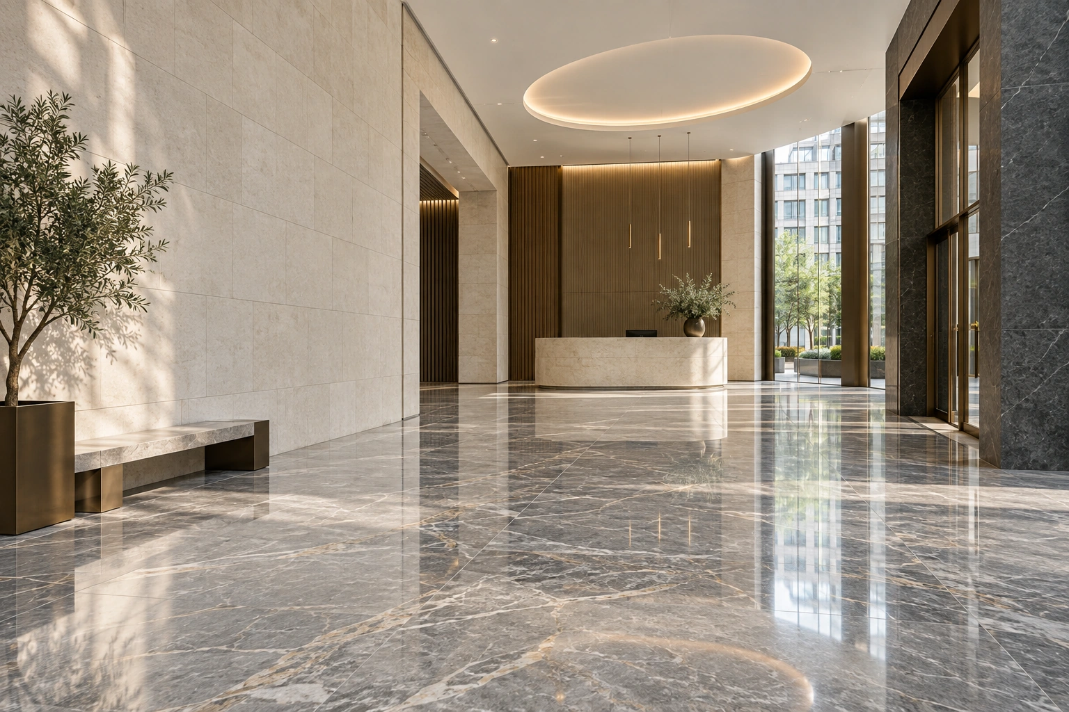 AI-generated image of an original commercial reception with polished marble flooring